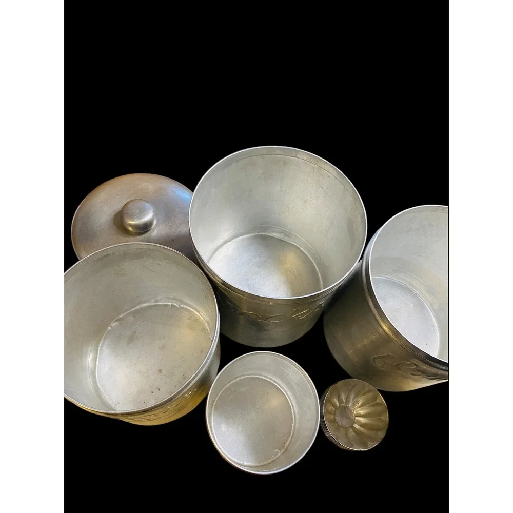 Vintage Brushed Aluminum Canister Set 4pc Flour Sugar Snacks Tea & Tart Molds